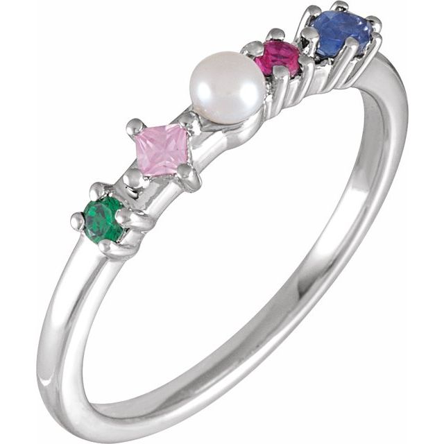 14K White Cultured White Freshwater Pearl & Natural Multi-Gemstone Ring