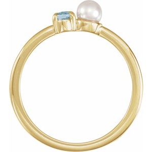 14K Yellow Natural Aquamarine & Cultured White Akoya Pearl Ring