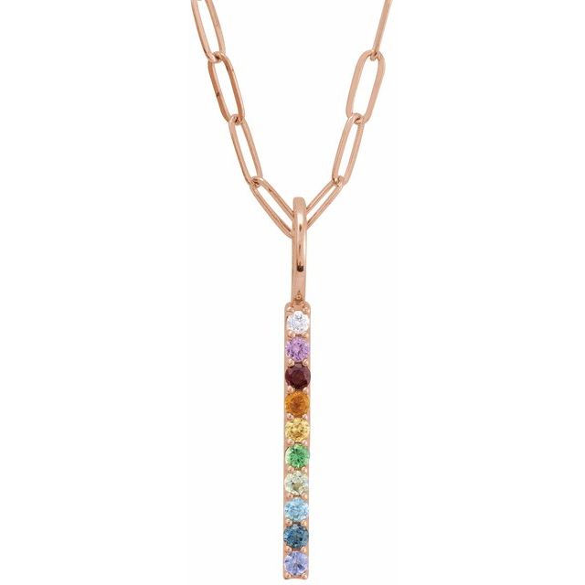 14K Yellow Natural Multi-Gemstone & .02 CT Natural Diamond Rainbow Bar 18" Necklace