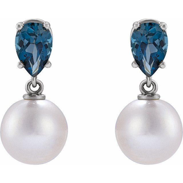 14K Yellow Cultured White Akoya Pearl & Natural London Blue Topaz Earrings