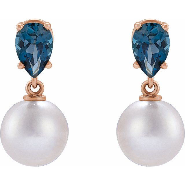 14K Yellow Cultured White Akoya Pearl & Natural London Blue Topaz Earrings
