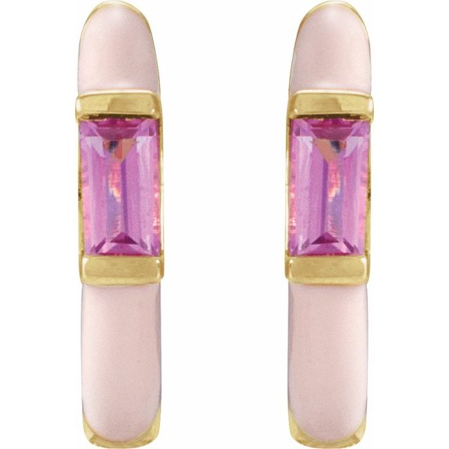 14K White Natural Pink Tourmaline & Pink Enamel Hinged 11 mm Hoop Earrings