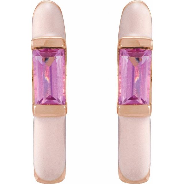 14K White Natural Pink Tourmaline & Pink Enamel Hinged 11 mm Hoop Earrings