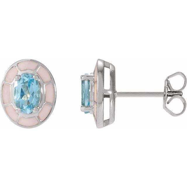 14K Yellow Natural Sky Blue Topaz & White Enamel Stud Earrings