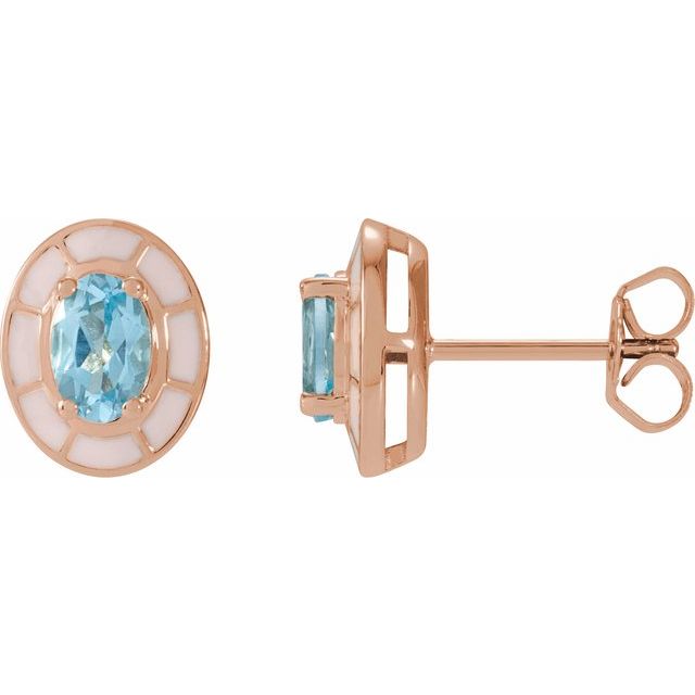 14K Yellow Natural Sky Blue Topaz & White Enamel Stud Earrings