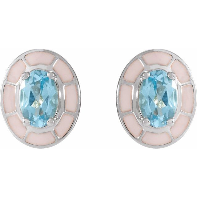 14K Yellow Natural Sky Blue Topaz & White Enamel Stud Earrings