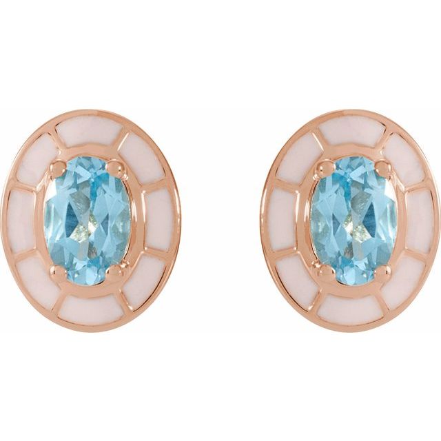 14K Yellow Natural Sky Blue Topaz & White Enamel Stud Earrings