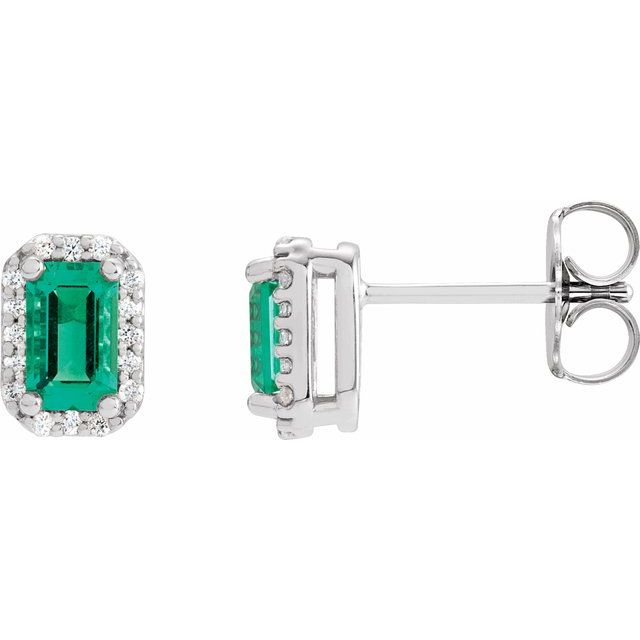 14K Yellow Lab-Grown Emerald & .07 CTW Natural Diamond Halo-Style Earrings