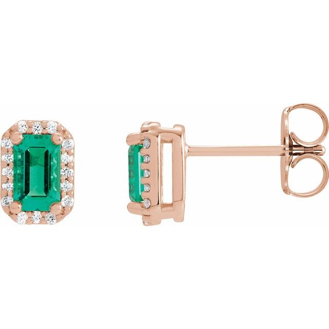 14K Yellow Lab-Grown Emerald & .07 CTW Natural Diamond Halo-Style Earrings