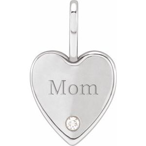 .02 CT Natural Diamond Engraved MOM Heart Charm/Pendant