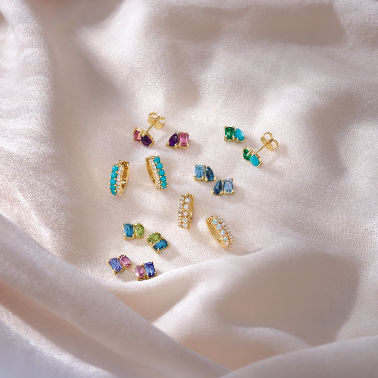 14K Yellow Natural White Opal & 1/8 CTW Natural Diamond Huggie Hoop Earrings