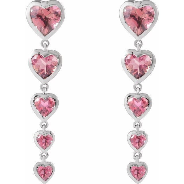 14K White Natural Pink Tourmaline Heart Earrings