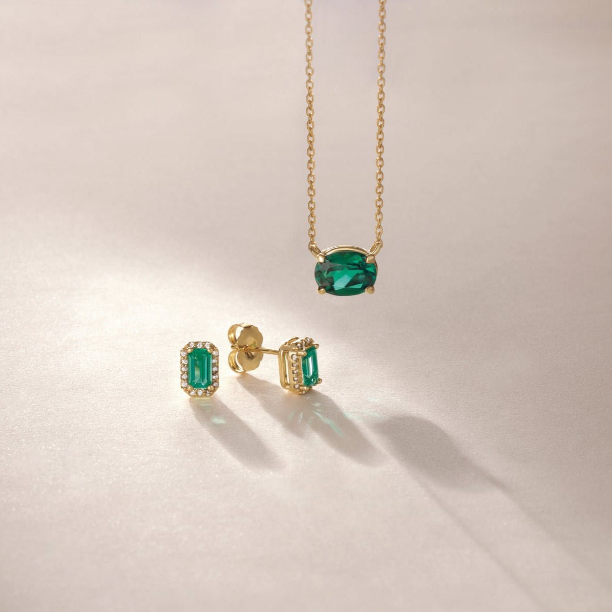14K Yellow Lab-Grown Emerald & .07 CTW Natural Diamond Halo-Style Earrings