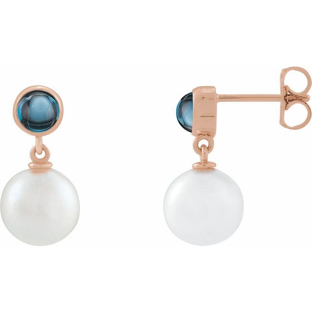 14K Rose Freshwater Pearl Blue Topaz Cabochon Earrings