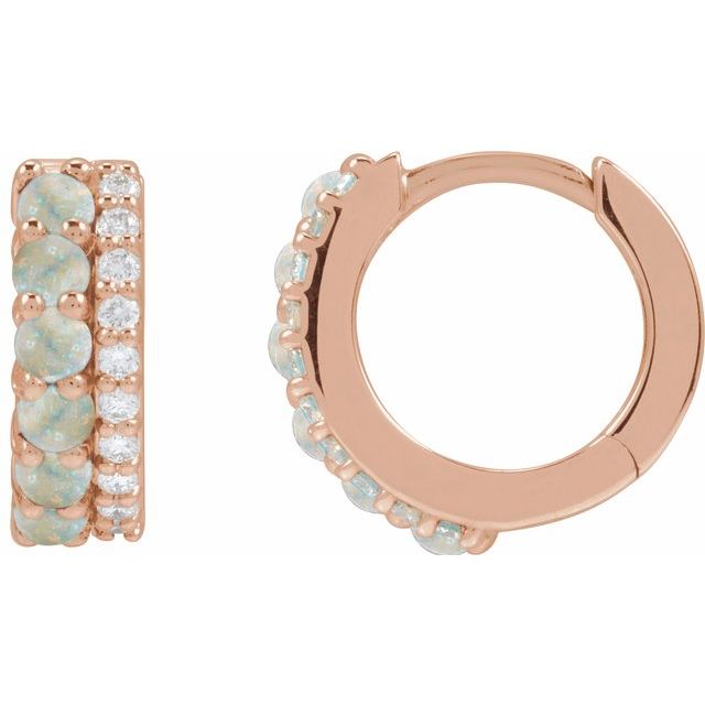 14K Rose Natural White Opal & 1/8 CTW Natural Diamond Huggie Hoop Earrings
