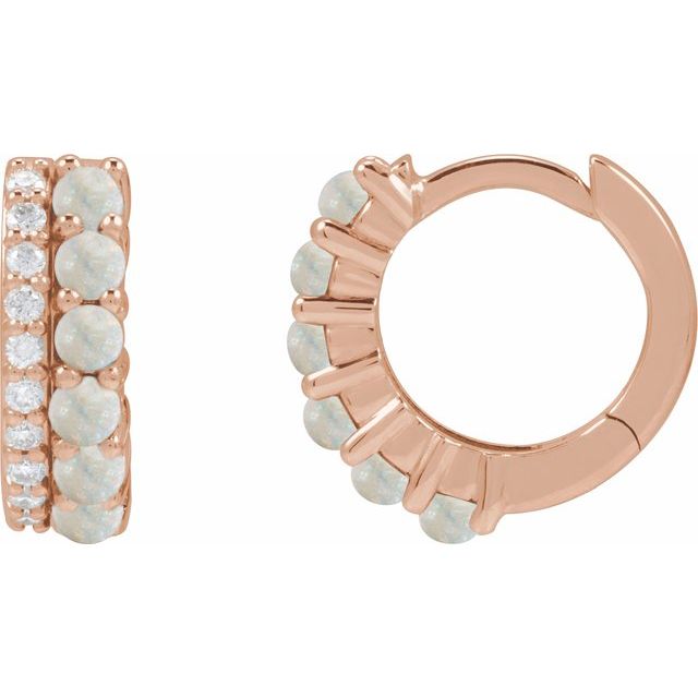 14K Rose Natural White Opal & 1/8 CTW Natural Diamond Huggie Hoop Earrings