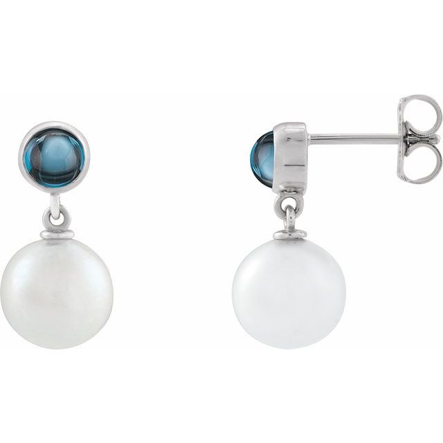 14K White Freshwater Pearl Blue Topaz Cabochon Earrings