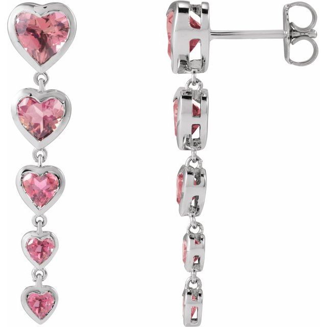 14K White Natural Pink Tourmaline Heart Earrings