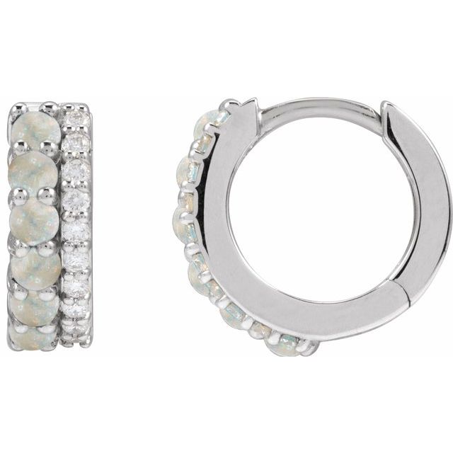 14K White Natural White Opal & 1/8 CTW Natural Diamond Huggie Hoop Earrings