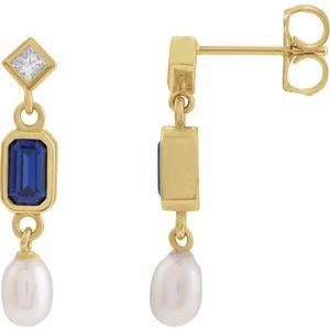 14K Yellow Cultured White Pearl Natural Diamond Earrings