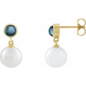 14K Yellow Freshwater Pearl Blue Topaz Cabochon Earrings