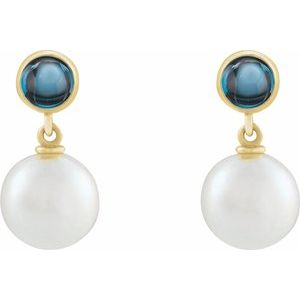 14K Yellow Freshwater Pearl Blue Topaz Cabochon Earrings