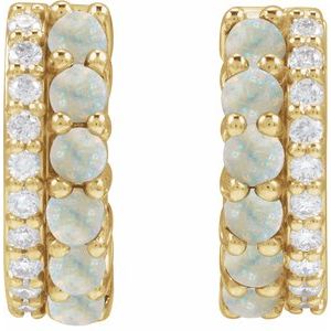 14K Yellow Natural White Opal & 1/8 CTW Natural Diamond Huggie Hoop Earrings