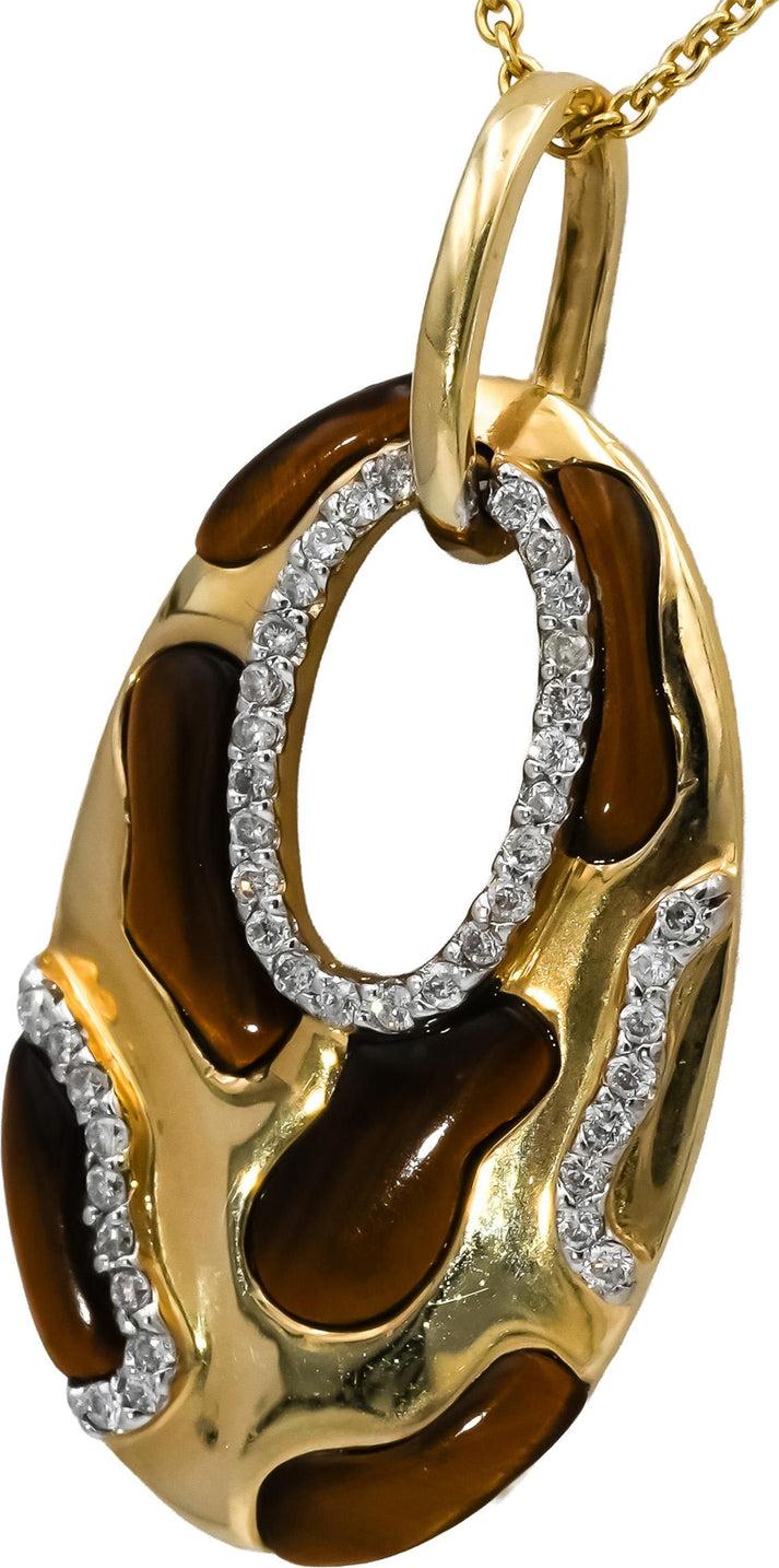 14k Yellow Gold Diamond and Tiger's Eye Pendant Necklace 0.25CT
