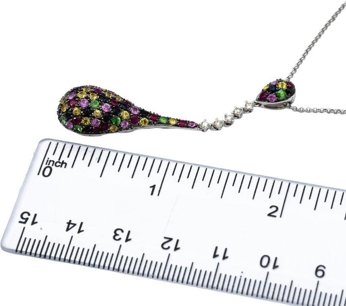 14k White Gold Round Diamond & Rainbow Gemstone Cluster Pendant Necklace 1.50CTW
