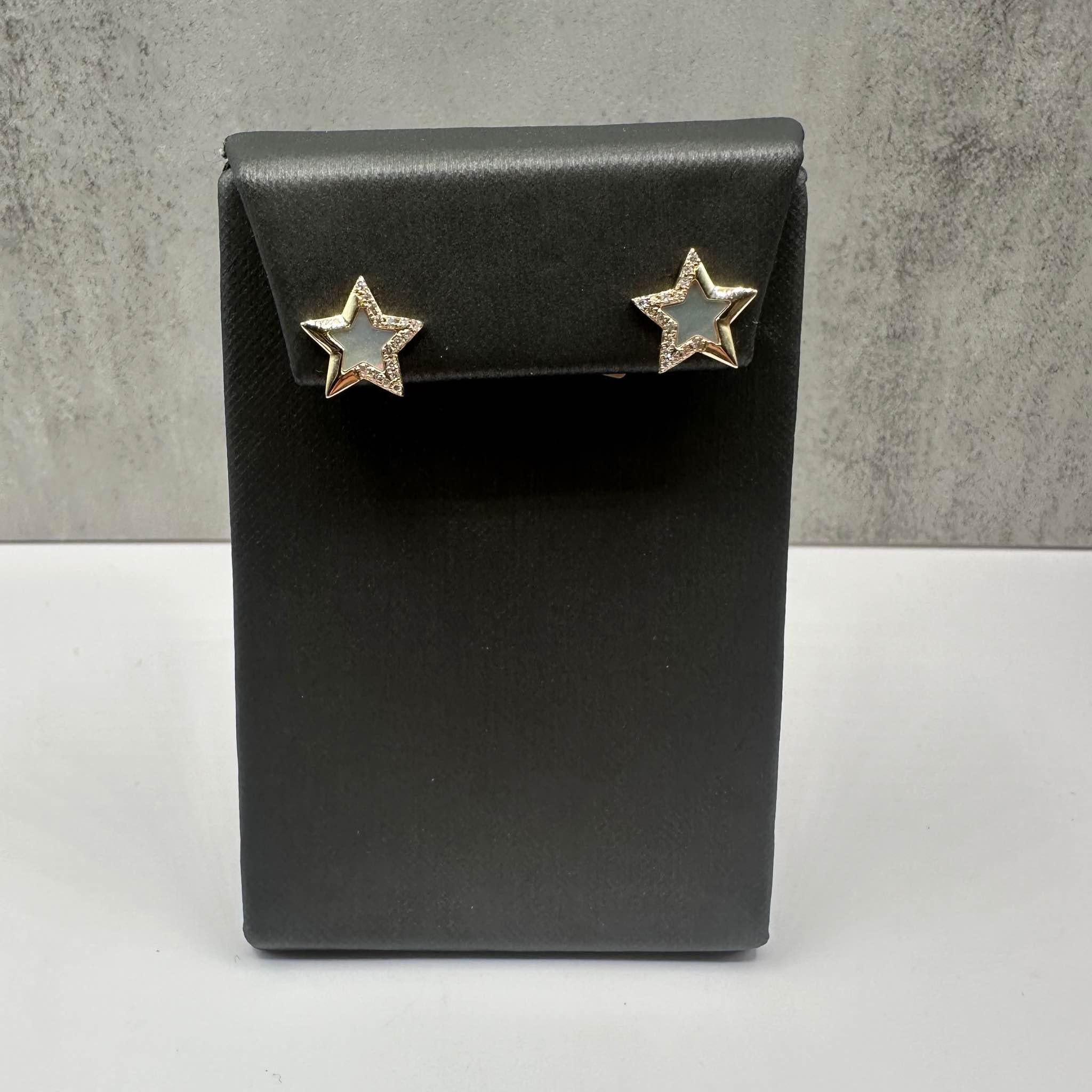 Effy Mother of Pearl Diamond Star Earrings 14K Yellow Gold 0.11ctw New