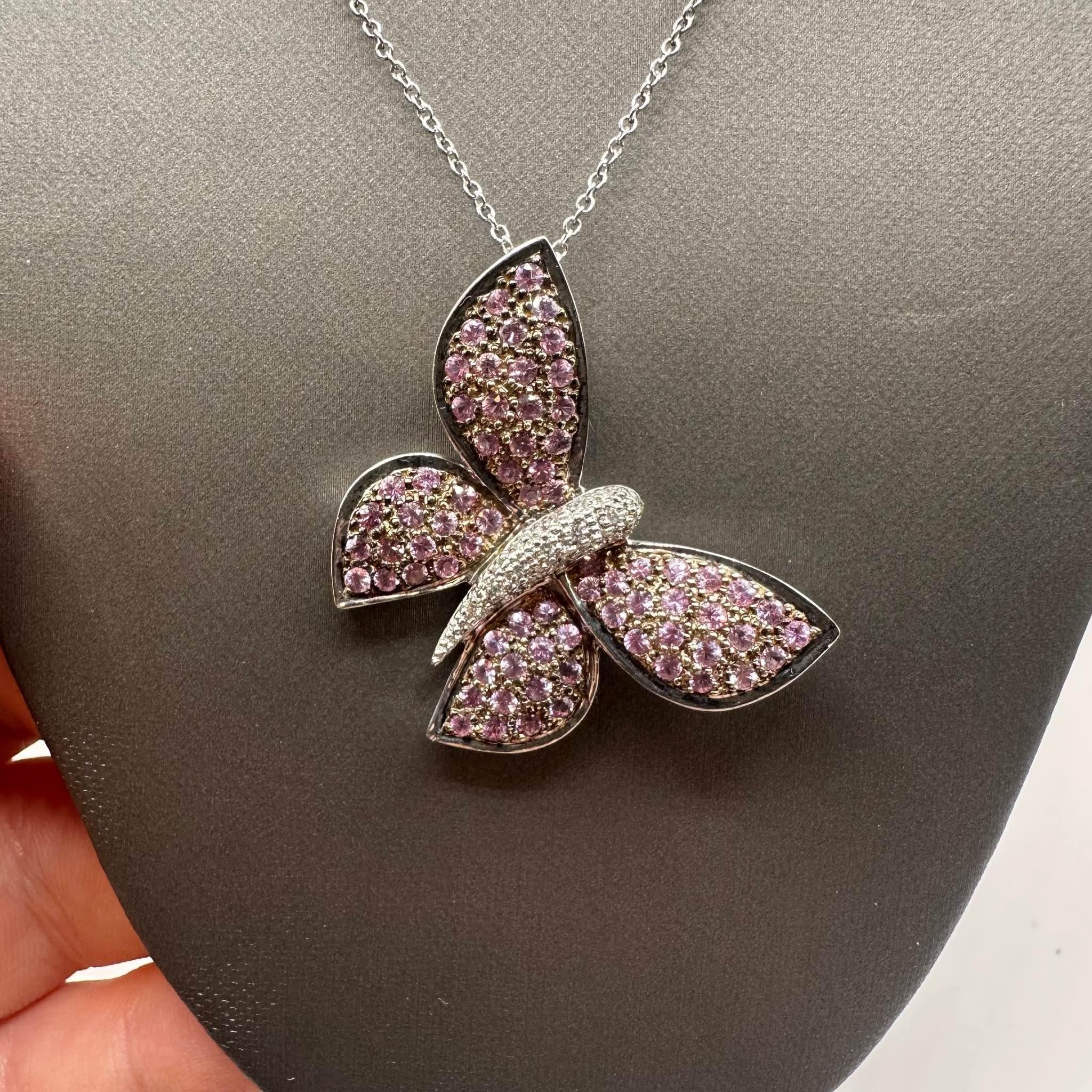 Estate Diamond Sapphire Butterfly Brooch Necklace 0.10ctw Pre Loved