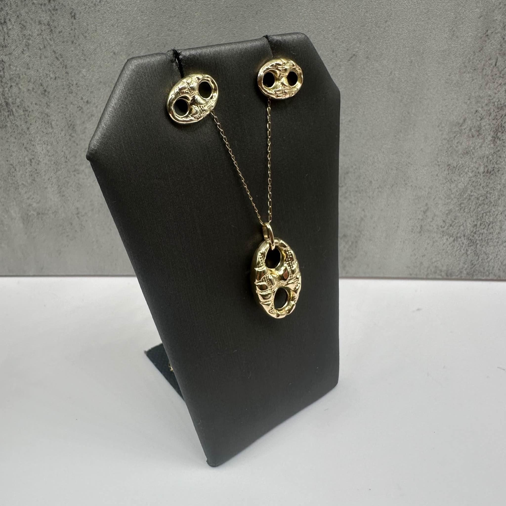 Estate Textured Puff Pendant Earrings Set 14K Yellow Gold 20in 2.6g