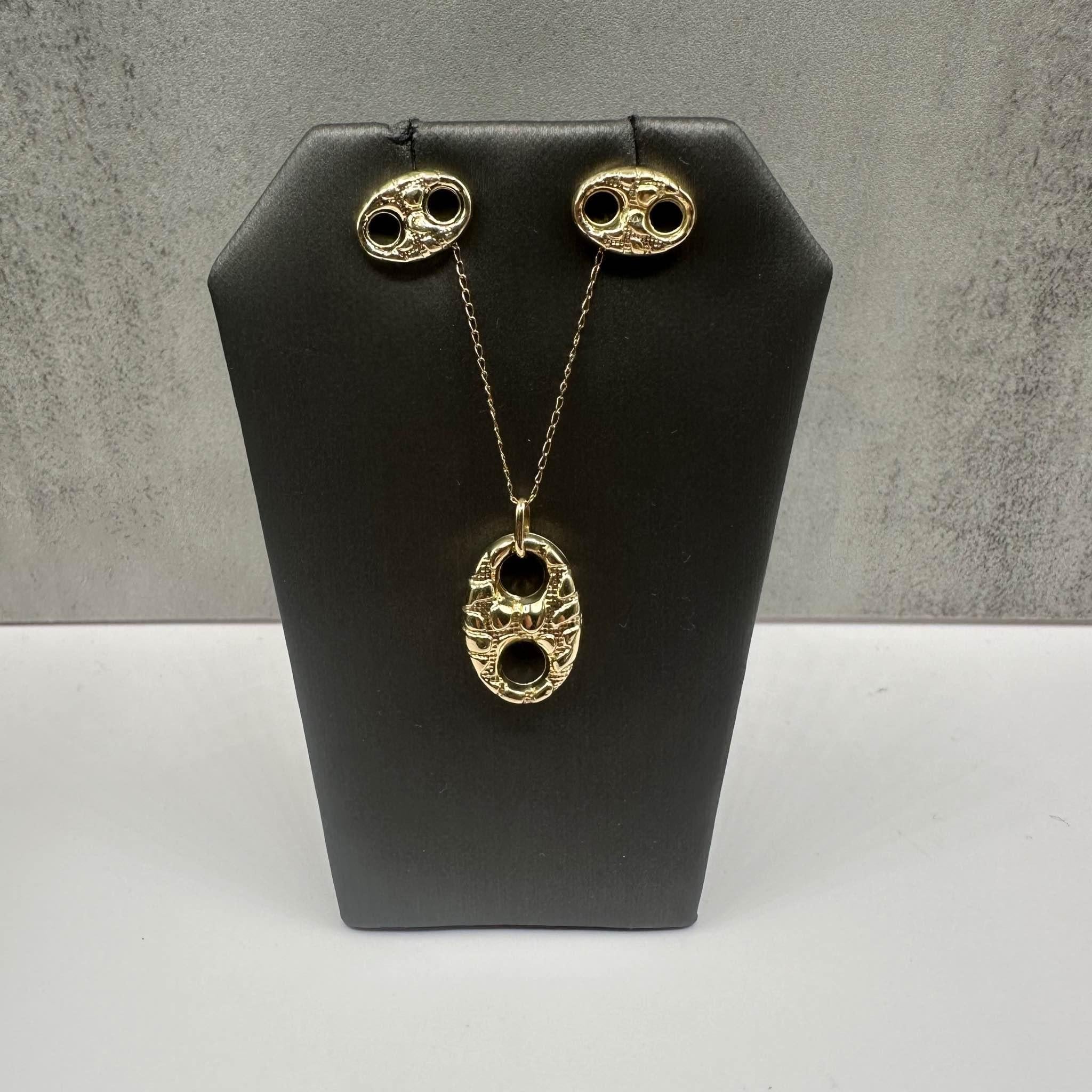 Estate Textured Puff Pendant Earrings Set 14K Yellow Gold 20in 2.6g