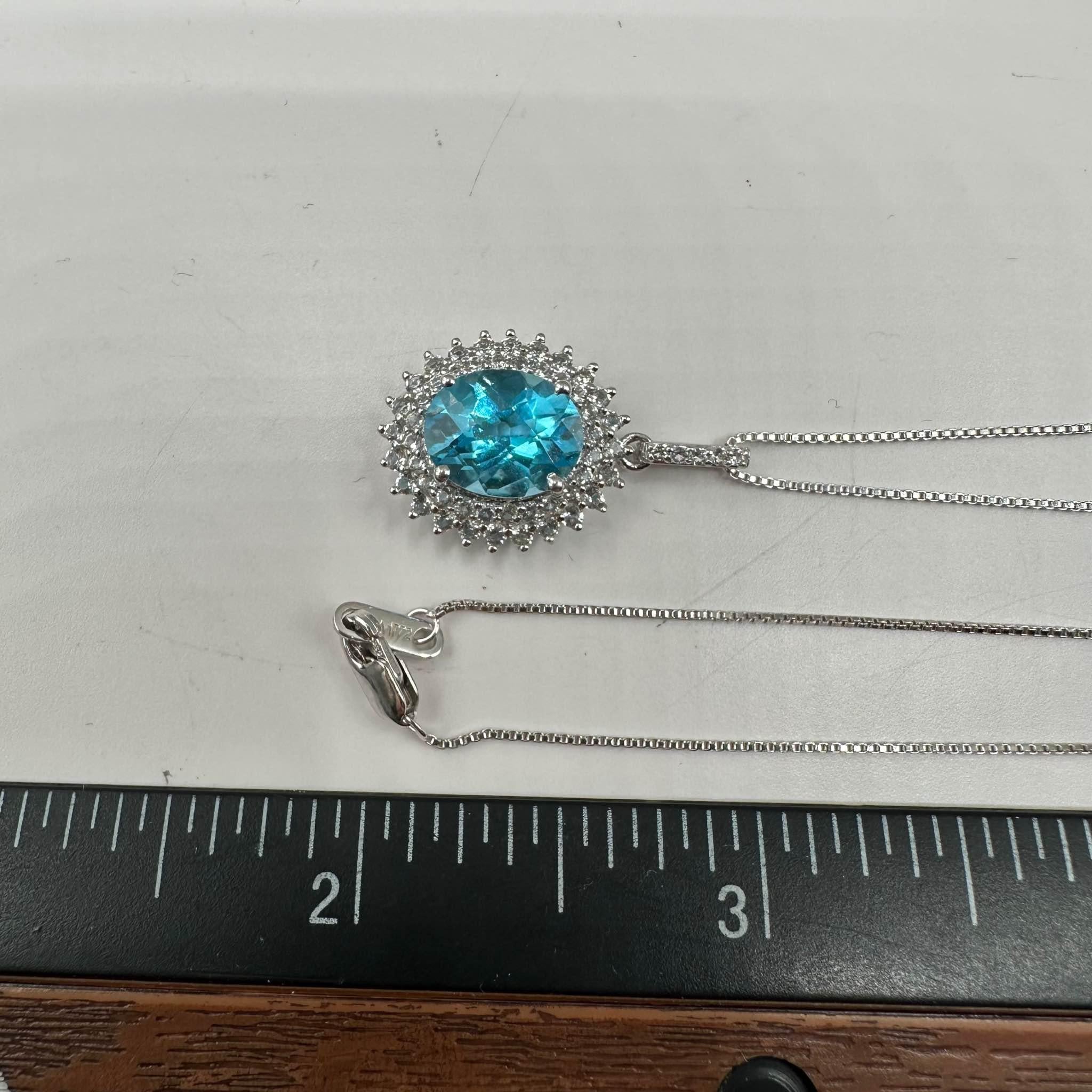 Blue Topaz Necklace Sterling Silver 10x8mm 0.40ctw White Topaz 18in