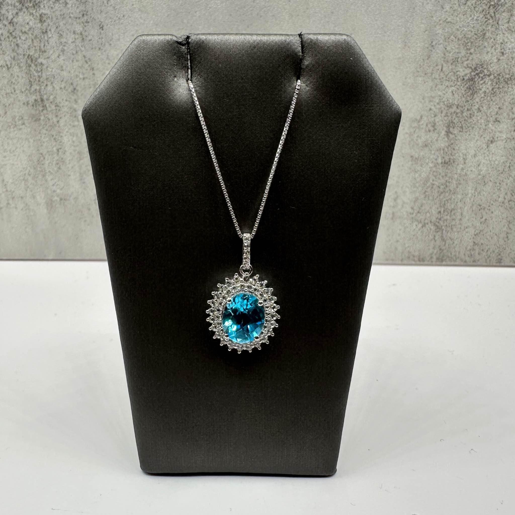 Blue Topaz Necklace Sterling Silver 10x8mm 0.40ctw White Topaz 18in