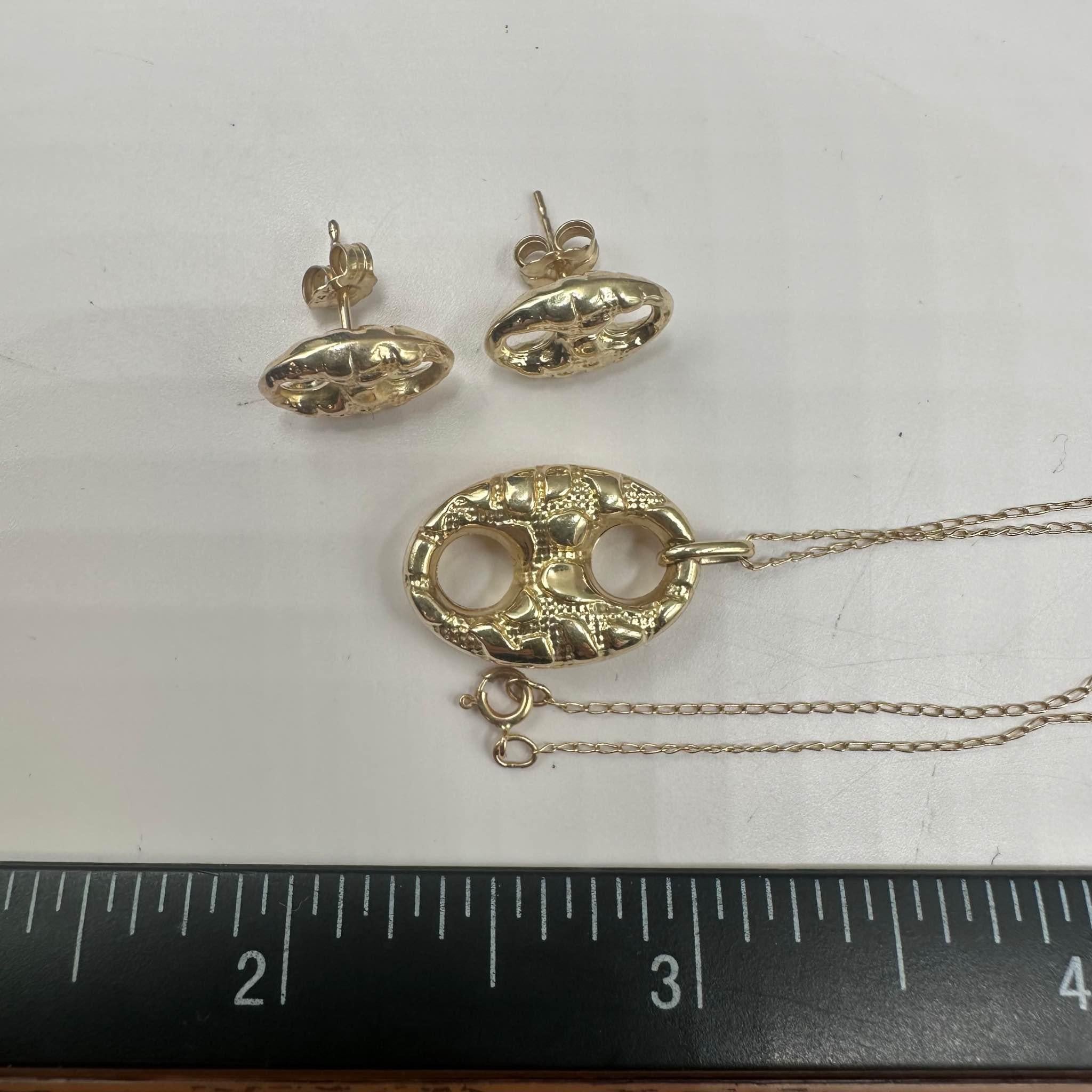 Estate Textured Puff Pendant Earrings Set 14K Yellow Gold 20in 2.6g