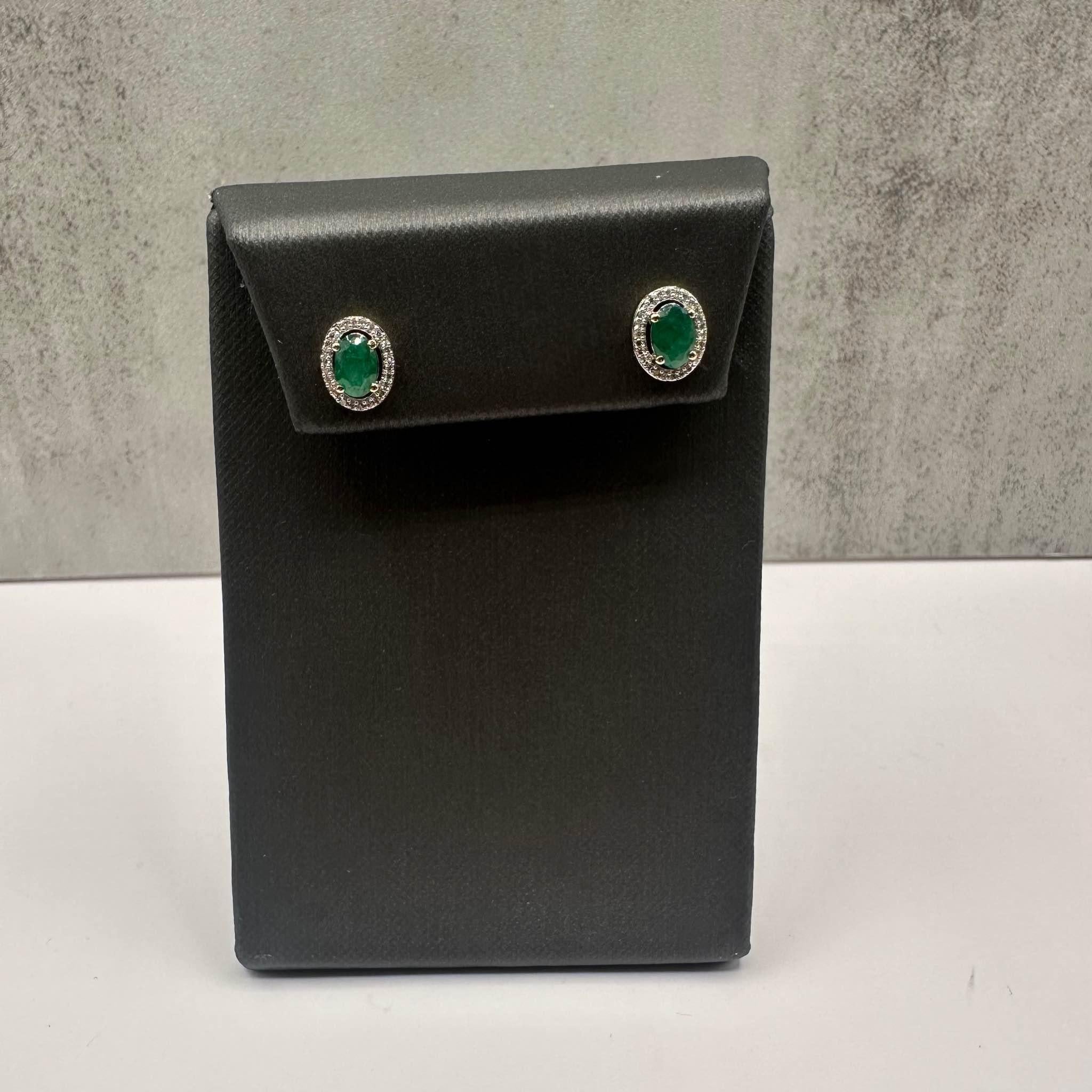 Emerald Diamond Earrings 10K Yellow Gold 6x4mm Emerald 0.15ctw Diamonds