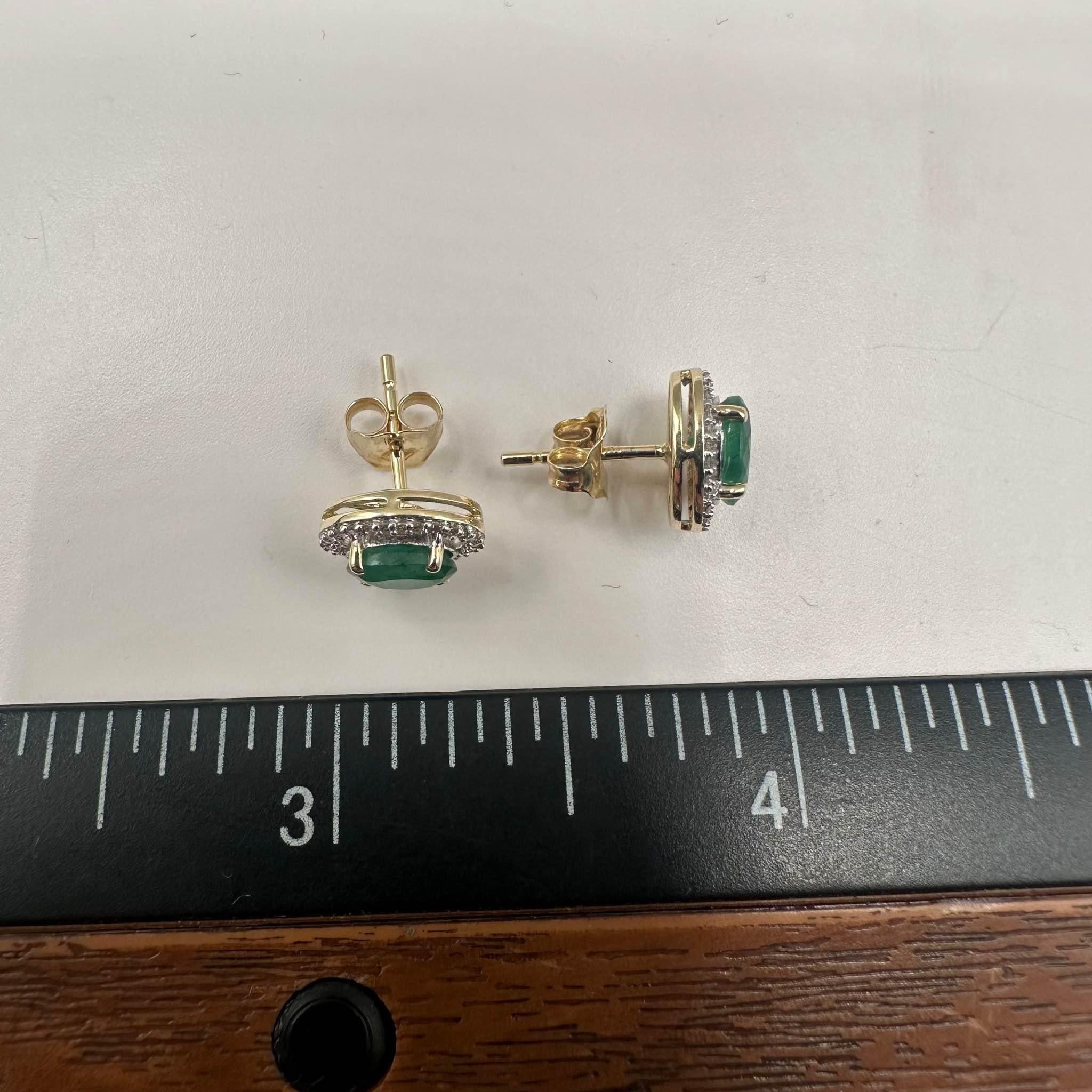 Emerald Diamond Earrings 10K Yellow Gold 6x4mm Emerald 0.15ctw Diamonds