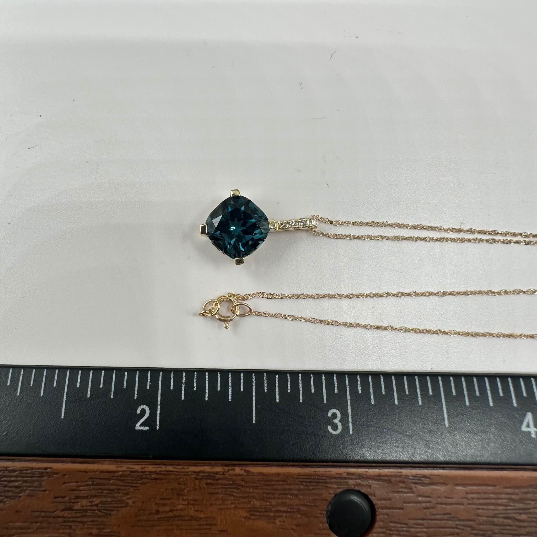 Blue Topaz Diamond Necklace 10K Yellow Gold 7.85mm 0.04ctw