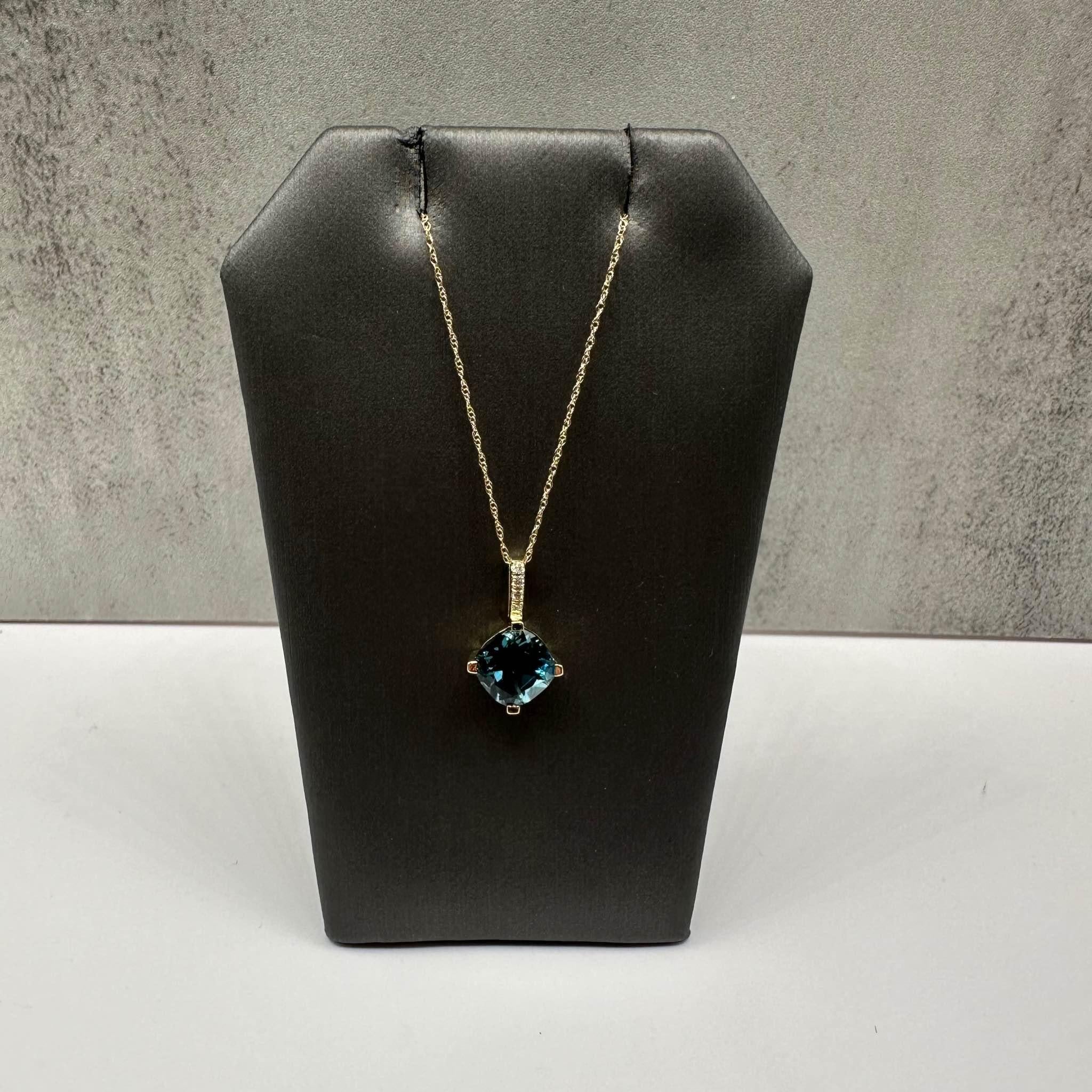 Blue Topaz Diamond Necklace 10K Yellow Gold 7.85mm 0.04ctw
