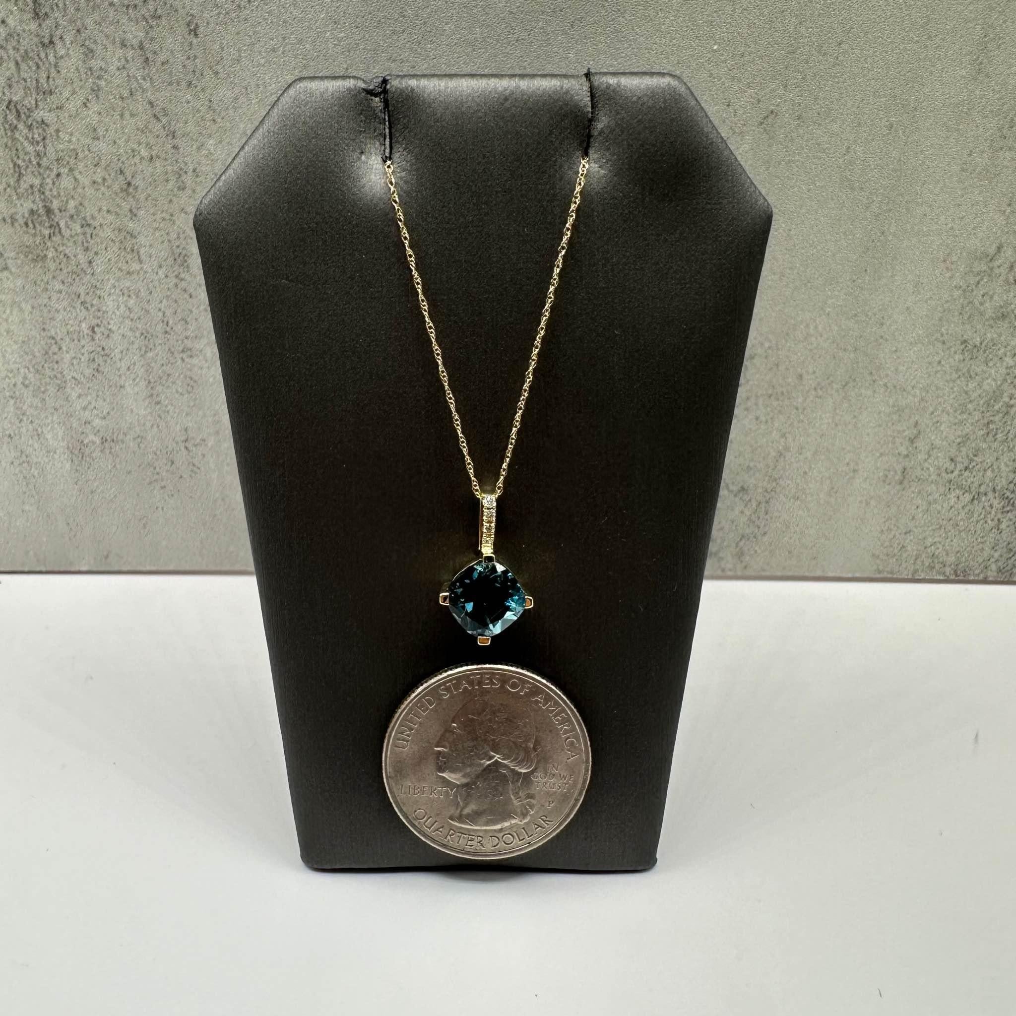 Blue Topaz Diamond Necklace 10K Yellow Gold 7.85mm 0.04ctw