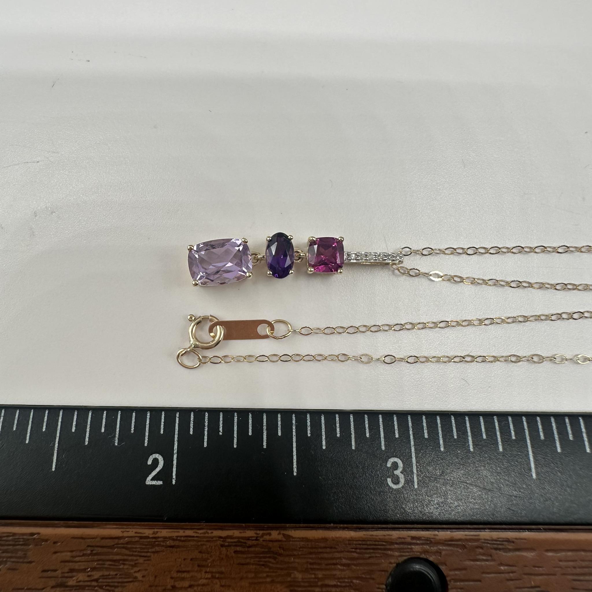 Rhodolite Amethyst Diamond Necklace 10K Yellow Gold 18in