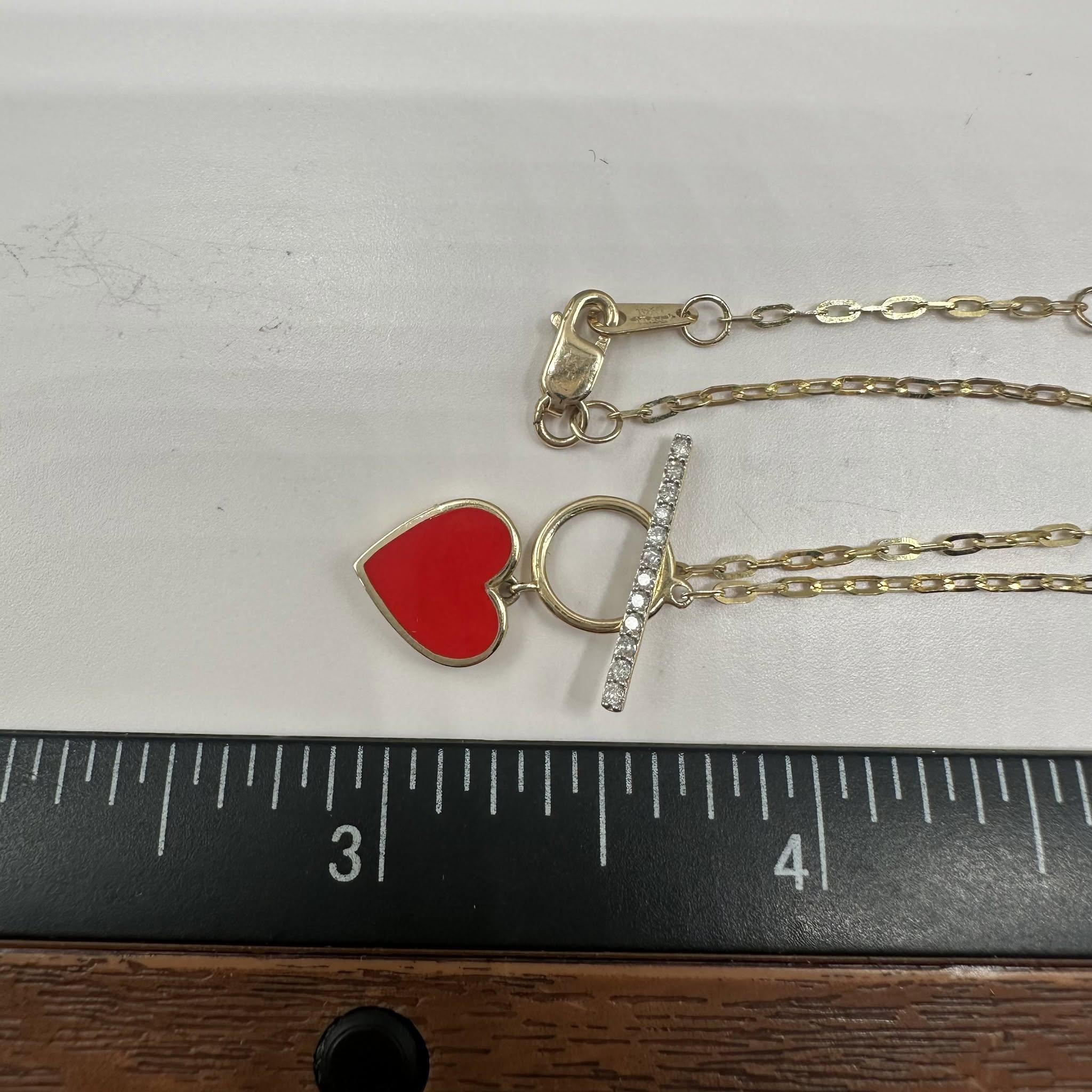 Enamel Heart Diamond Toggle Necklace 10kt Yellow Gold 0.09ctw New