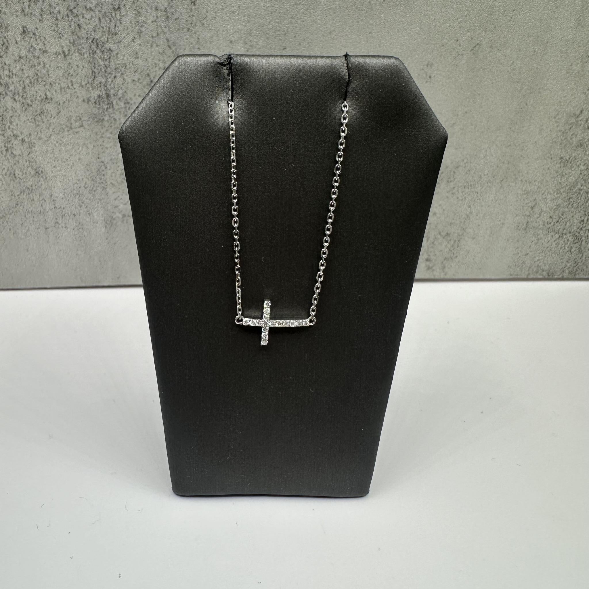 Estate Diamond Sideways Cross Necklace 14K White Gold 0.16ctw Adjustable