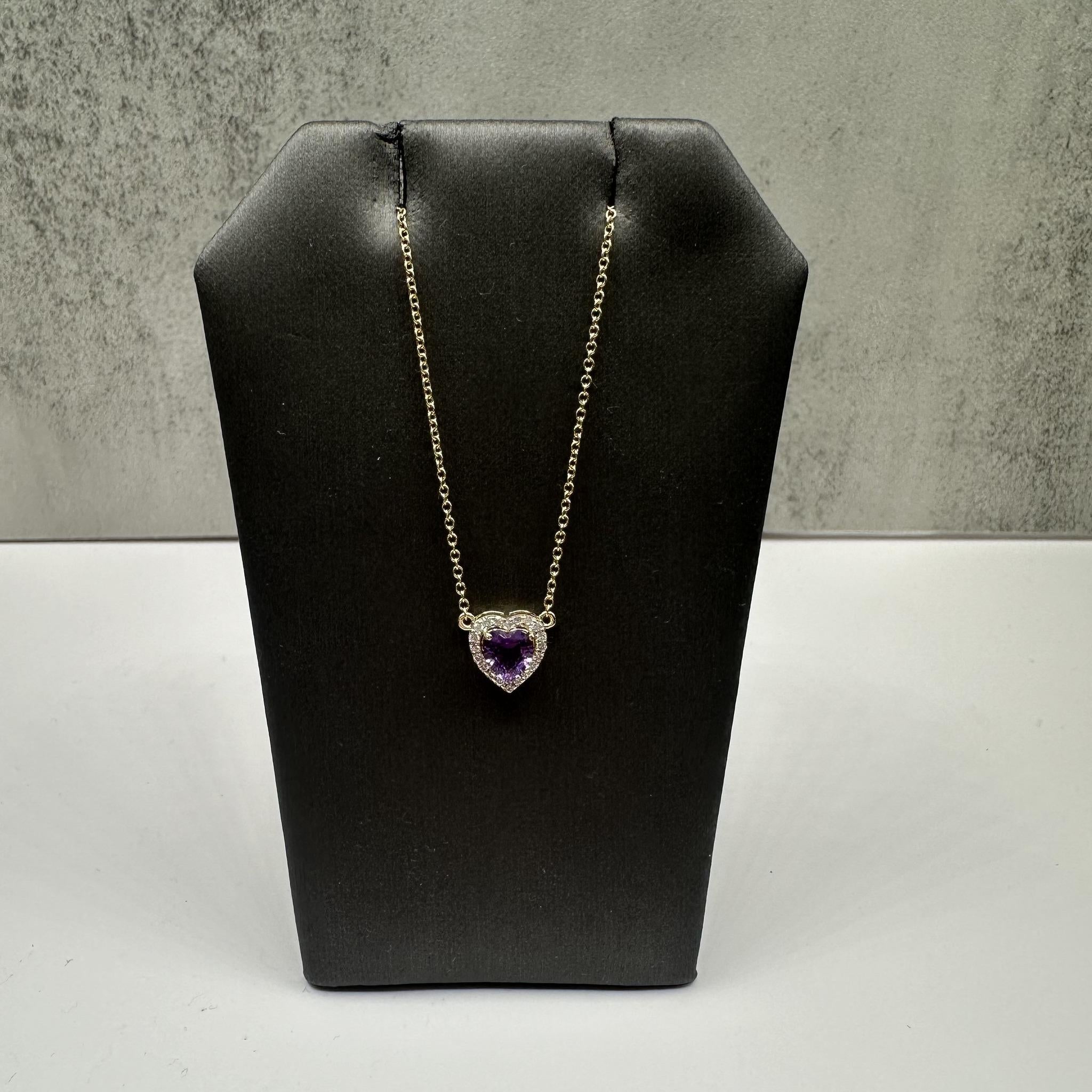 Amethyst Diamond Heart Necklace 14K Yellow Gold 0.10ctw