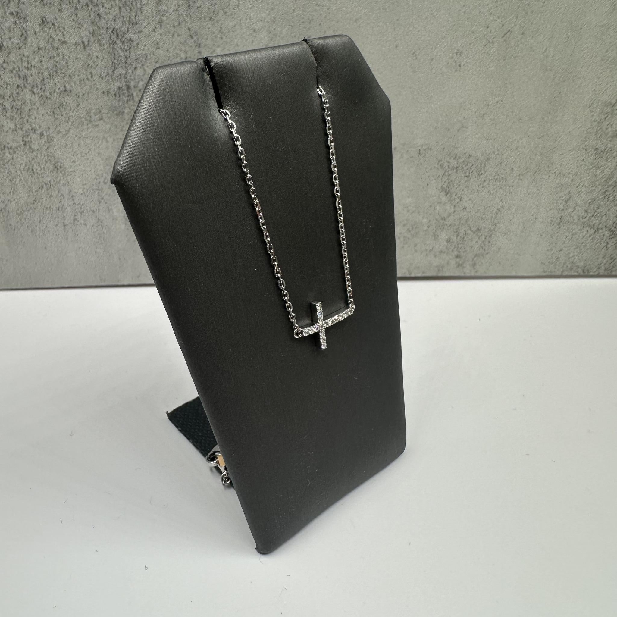 Estate Diamond Sideways Cross Necklace 14K White Gold 0.16ctw Adjustable