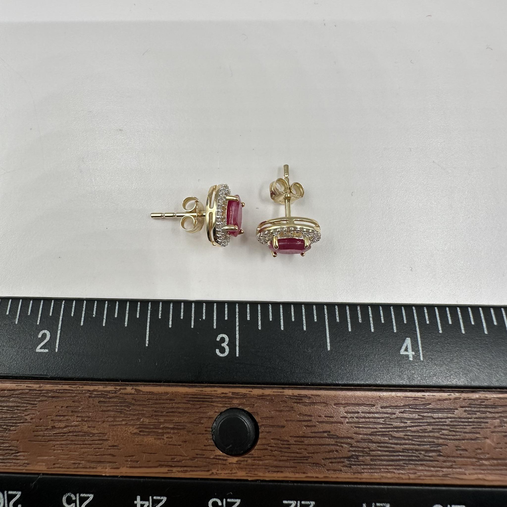 Ruby Diamond Halo Stud Earrings 10K Yellow Gold Oval 1.53g
