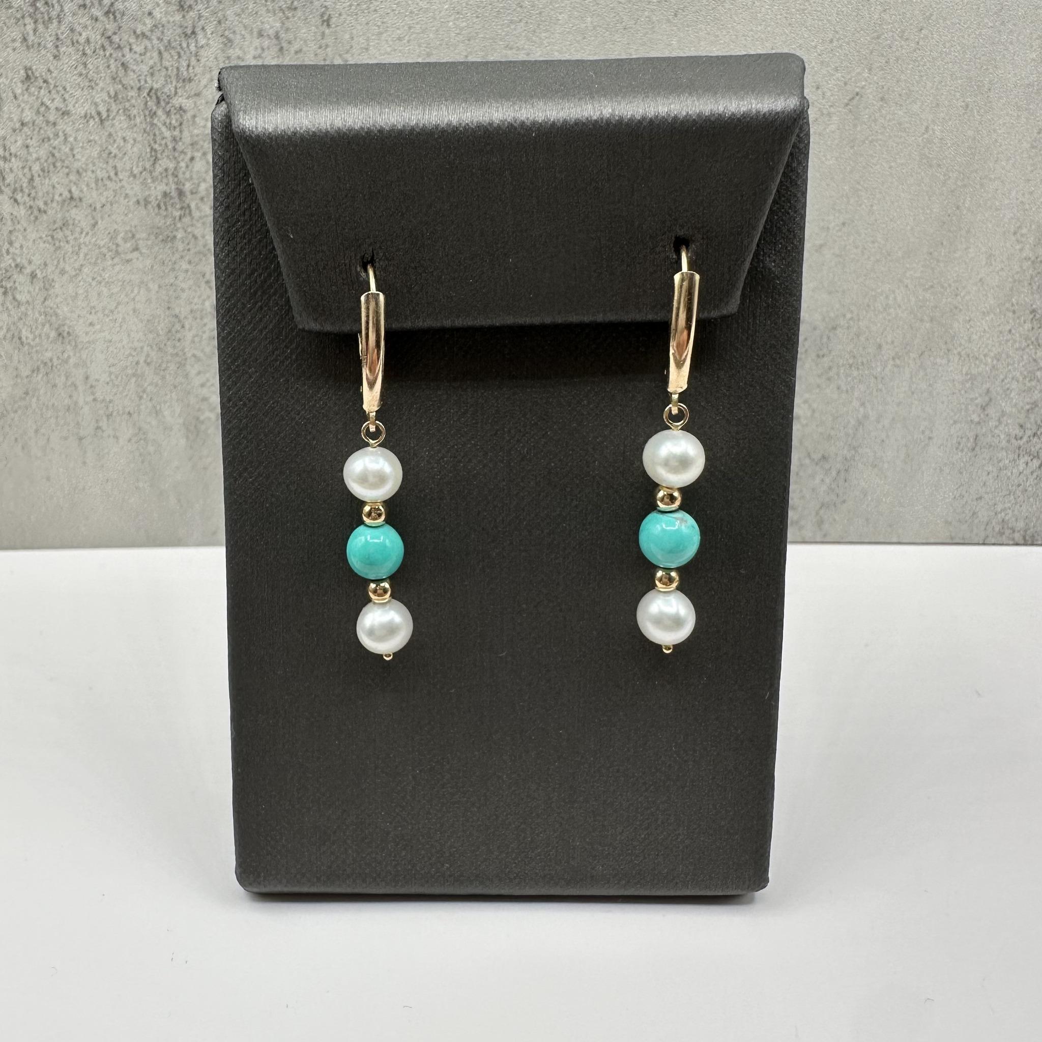 Turquoise Pearl Drop Earrings 14K Yellow Gold 2.9g Lever Backs New