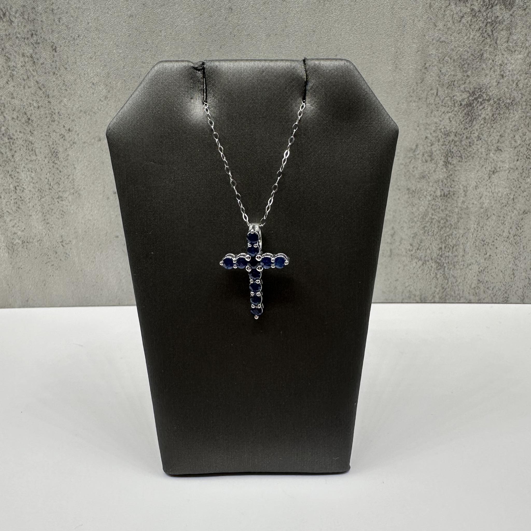 Blue Sapphire Cross Necklace in 14kt White Gold – 0.88ctw, 18in, New