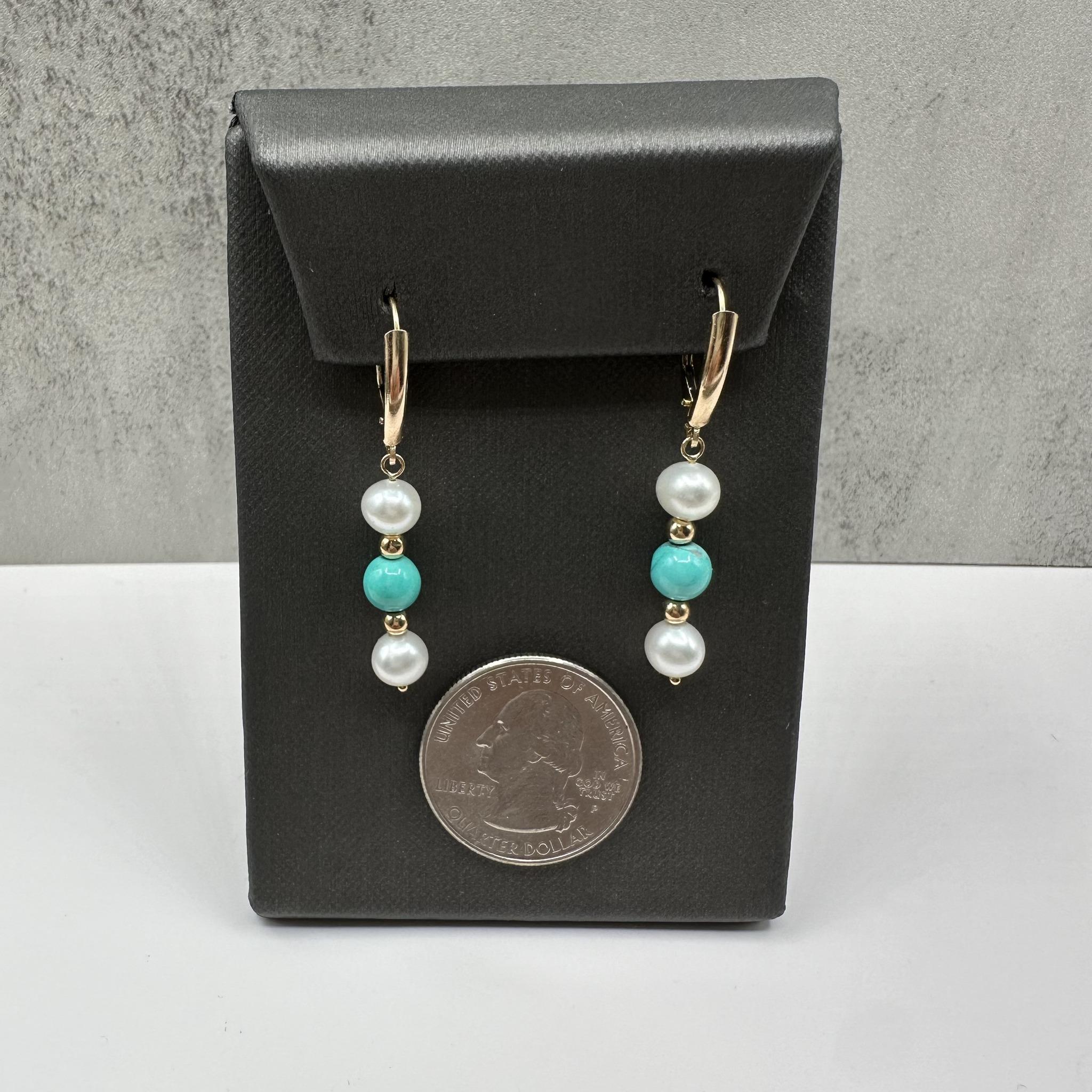 Turquoise Pearl Drop Earrings 14K Yellow Gold 2.9g Lever Backs New